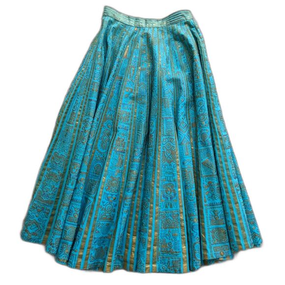 1950s MAYA de MEXICO Mayan Hieroglyph Hand Painted Aqua/Gold Circle Skirt sz. XS - Picture 8 of 14